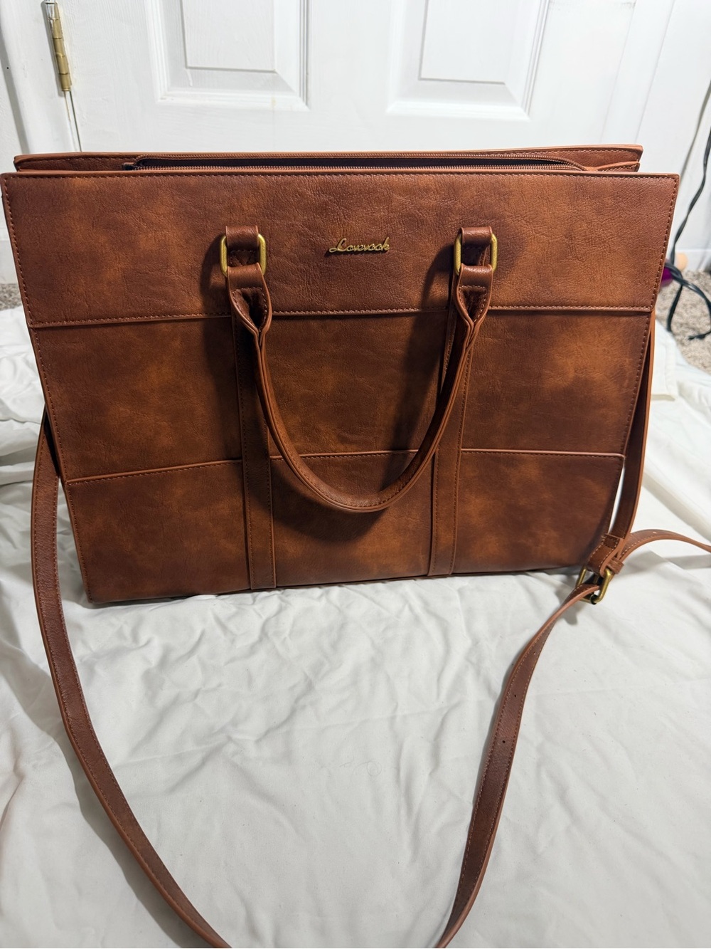 Leananah Brown Faux Leather Laptop Tote Bag